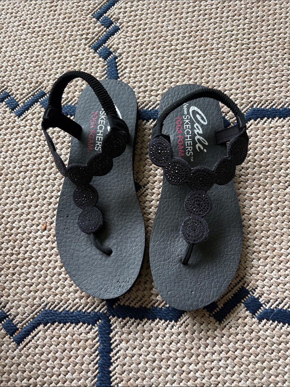 Skechers Girls Black Beaded T-Strap Sandals with Back Strap